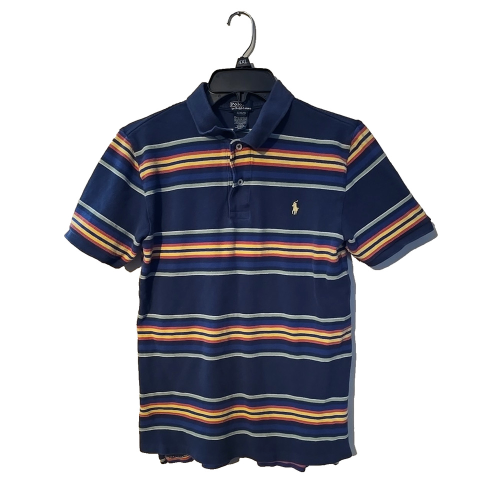 Polo Ralph Lauren Navy Blue Striped Short‎ Sleeve Rugby Polo Shirt Boys Size XL